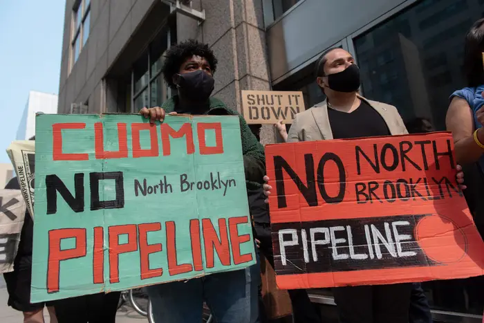 Members of 'No North Brooklyn Pipeline' campaign protest outside the offices of the National Grid utility company in Downtown Brooklyn.